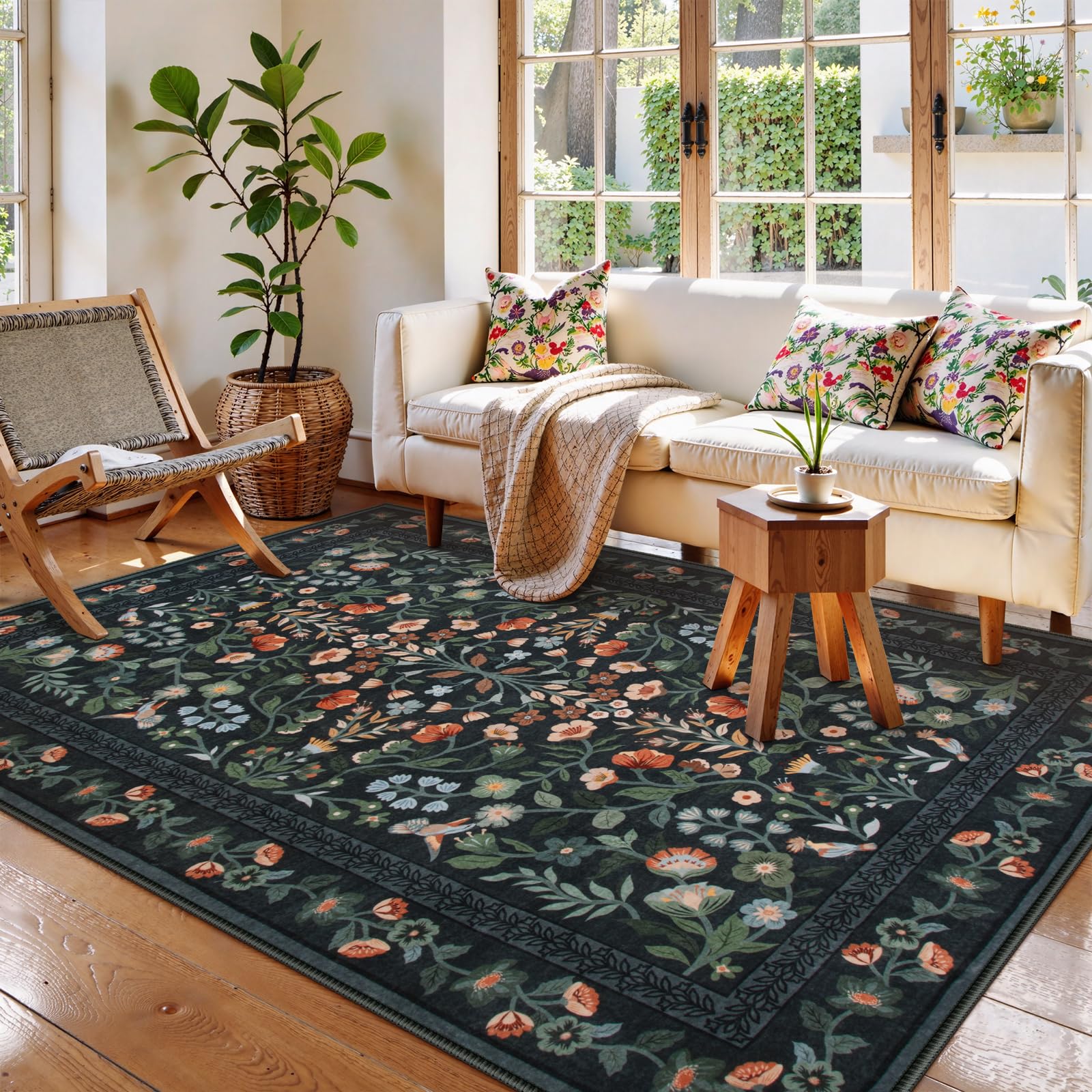 Lahome Floral Washable Rug 5x7, Black Rug for Bedroom Non-Slip Stain Resistant Soft Carpet for Living Room, Vintage Botanical Print Low-Pile Carpet fo