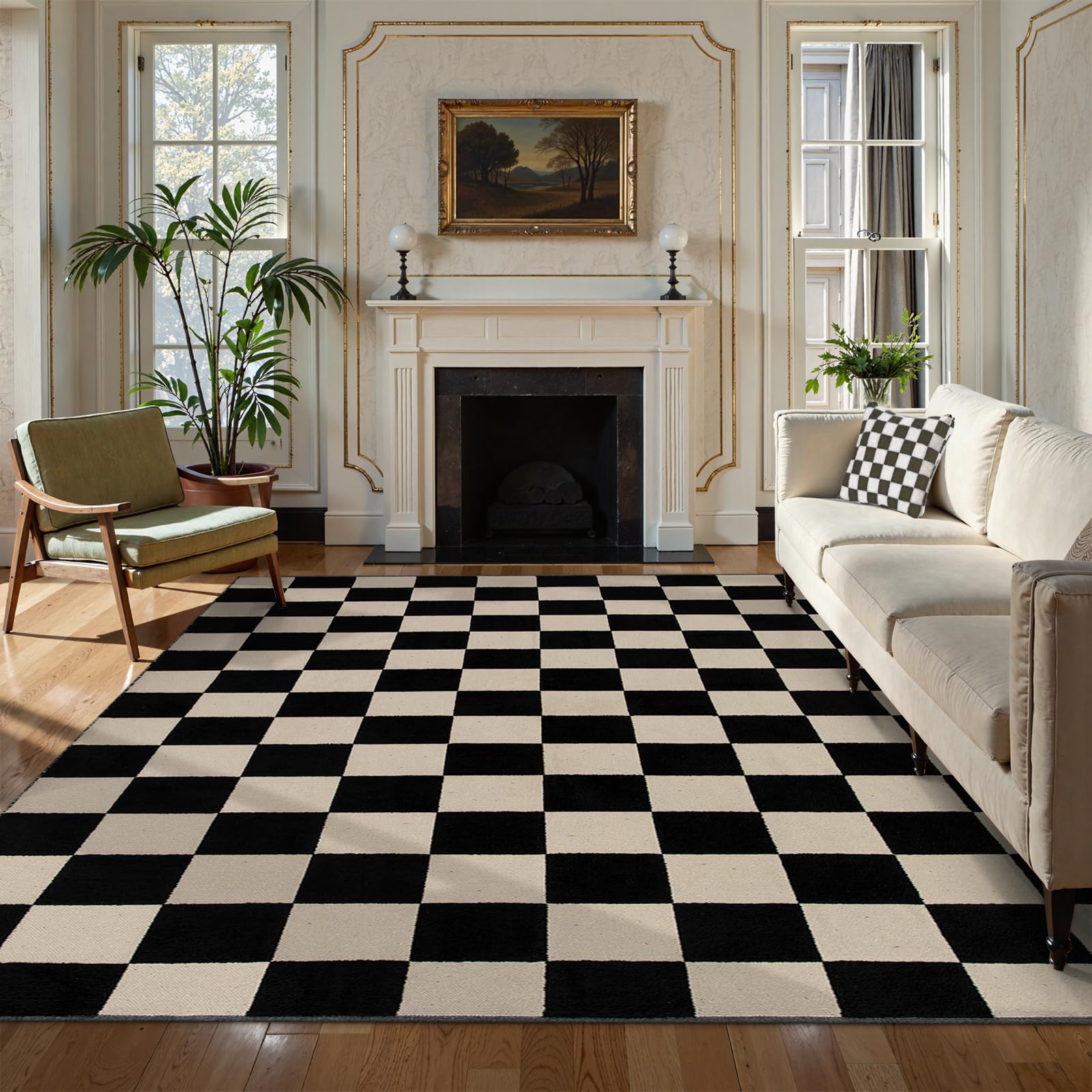 Lahome Checkered Rug 8x10 for Living Room, Boho Large Black Rugs for Bedroom, Cotton Woven Low Pile Checkerboard Carpet for Dining Room, Modern Washab