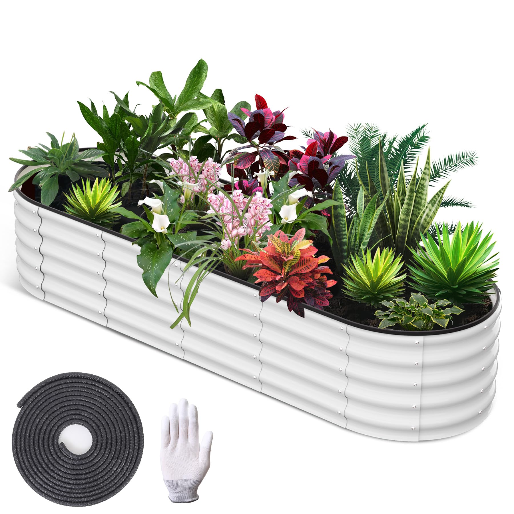 Garvee 8'x2'x1.5' Galvanized Oval Raised Garden Beds Open Base, Tool-Free Assembly Planter Boxes for Vegetables & Flowers, White