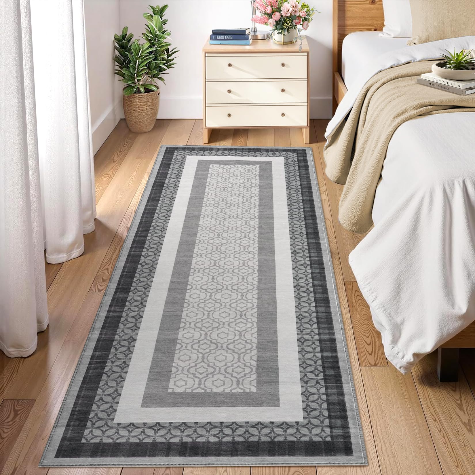 Garvee Washable Grey 2x6 Runners for Hallways Modern Abstract Non Slip Bathroom Rug Low-Pile Soft Kitchen Runner Rubber Backed Carpet