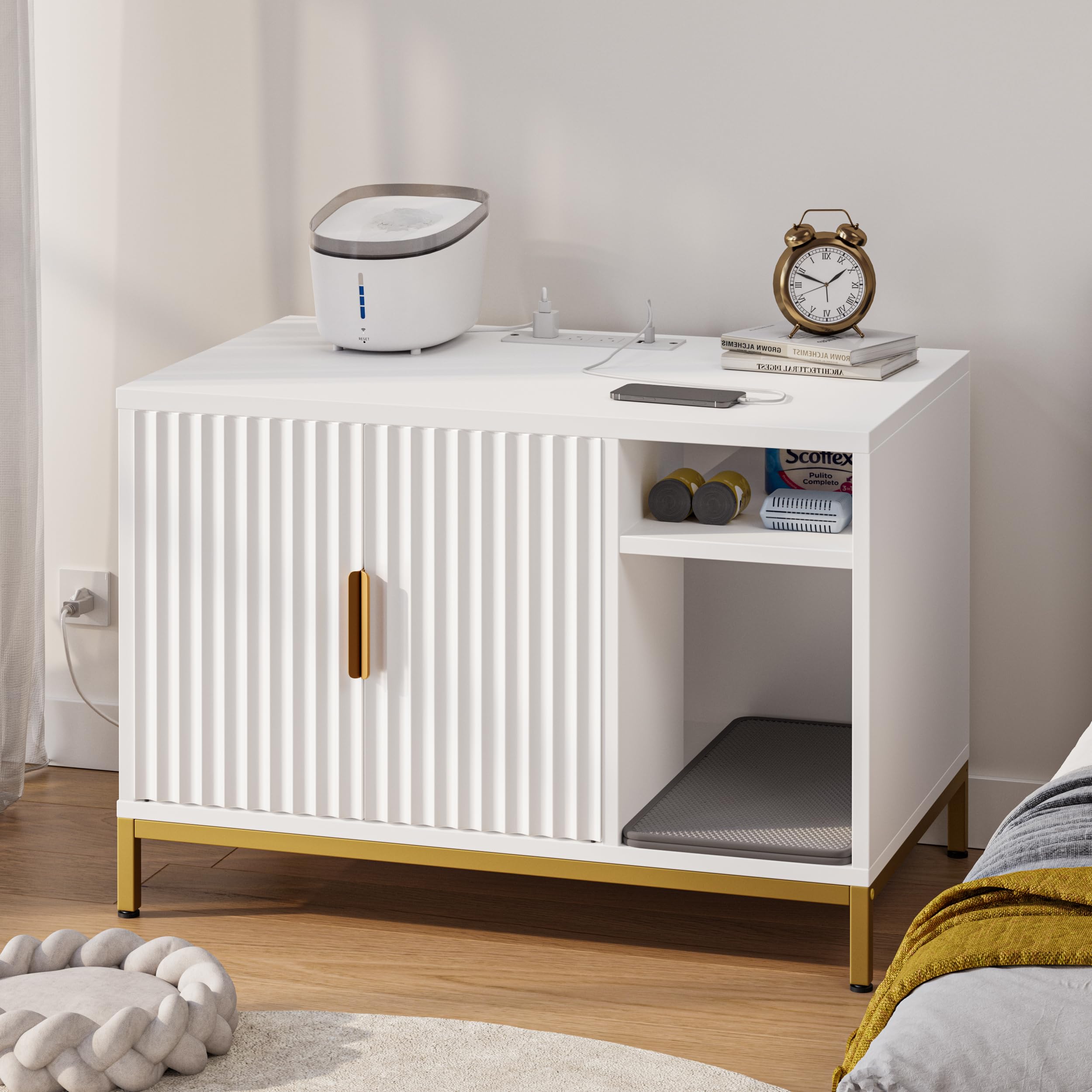 Bestier Cat Litter Box Enclosure, Glossy Fluted Hidden Litter Box Cabinet with Power Outlets, Cat Washroom Furniture with Double Layer Litter Mat, Whi
