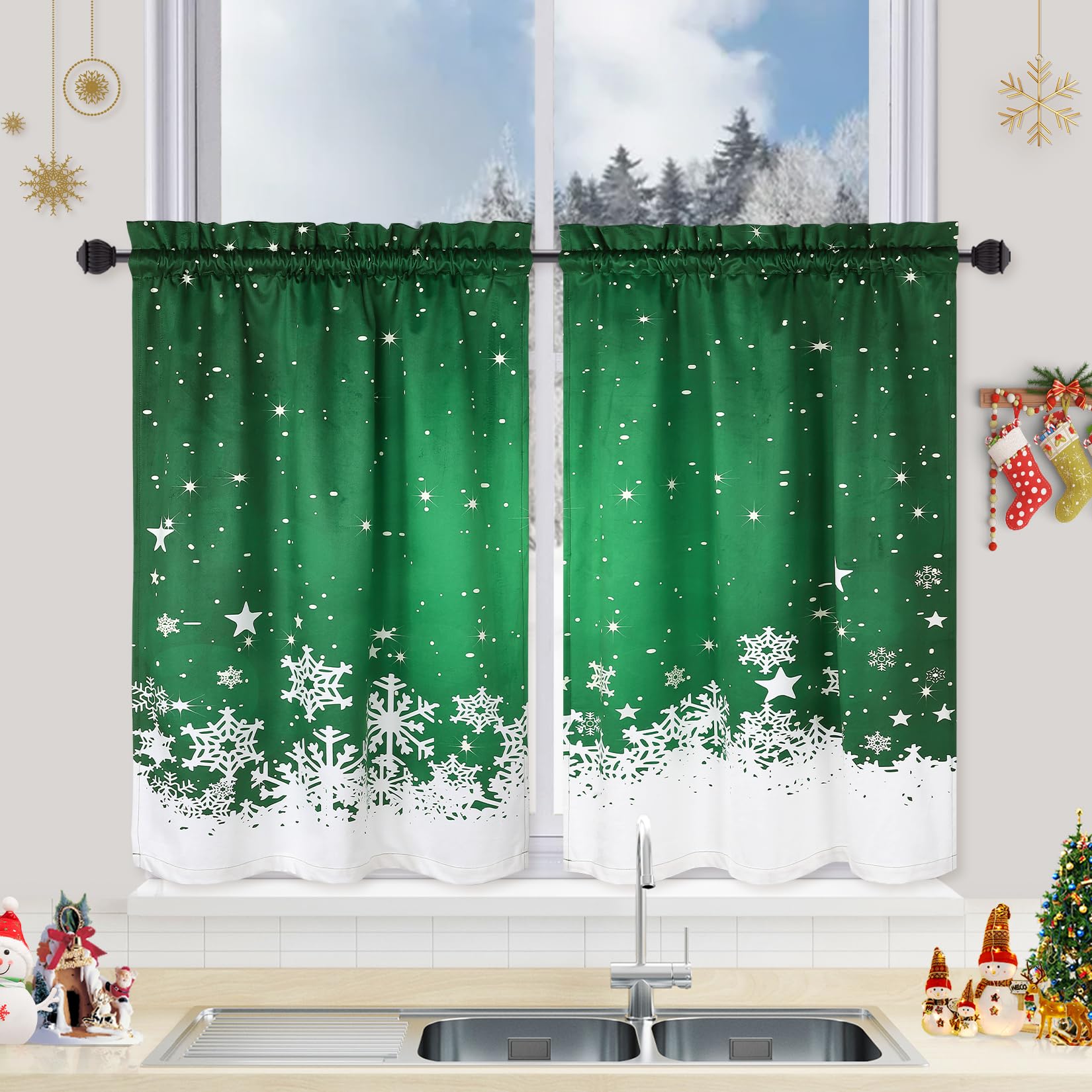Garvee Christmas Kitchen Curtains, Green Velvet Curtains Set for Windows, Floral Snowflake Decoration Cafe Curtains, Thermal Insulated Room Darkening 