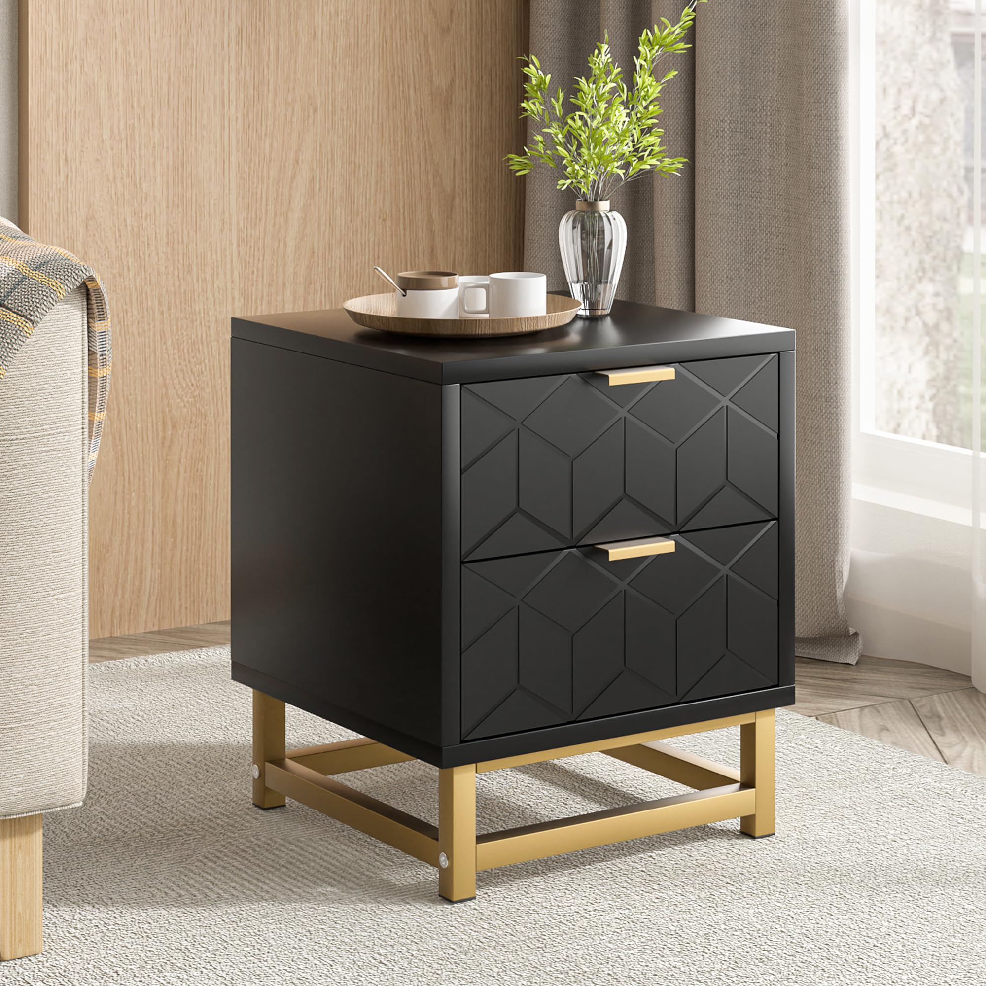 Garvee Nightstand, 2 Drawer Dresser for Bedroom, Blakc Dresser with 2 Drawers, Bedside Furniture, Night Stand, End Table with Gold Frame for Bedroom, 