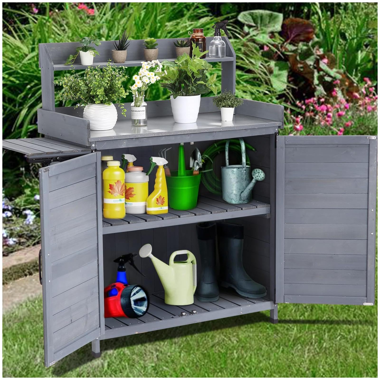 Garvee Outdoor Potting Bench Table Storage Cabinet + Wooden Planting Workstation + Storage Shelf & Galvanized Tabletop + Solid Fir Wood + Retractable 
