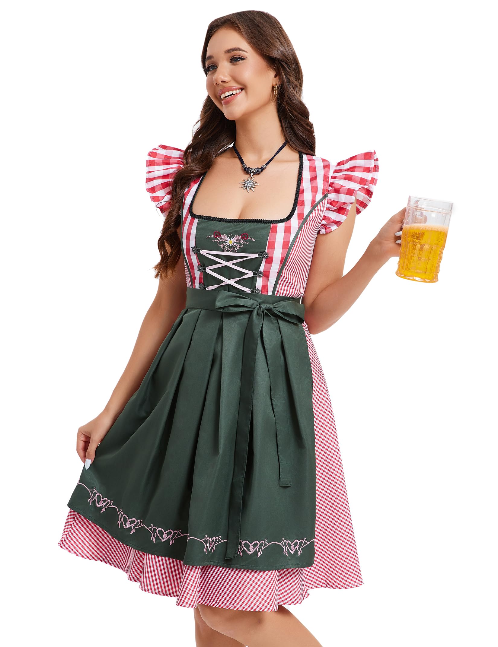 Garvee Women's 2-Piece Oktoberfest Dirndl Dress Square Neck Puff Sleeve Plaid Skirt With Embroidered Apron Beer Festival Outfit Red 3XL