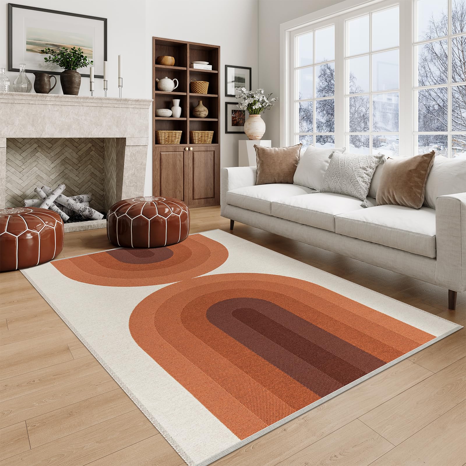 Lahome Washable Boho Rugs for Living Room, Ultra-Thin Orange Woven Nursery Rugs for Bedroom, Modern Cotton Reversible Carpet for Playroom Nursery Dini