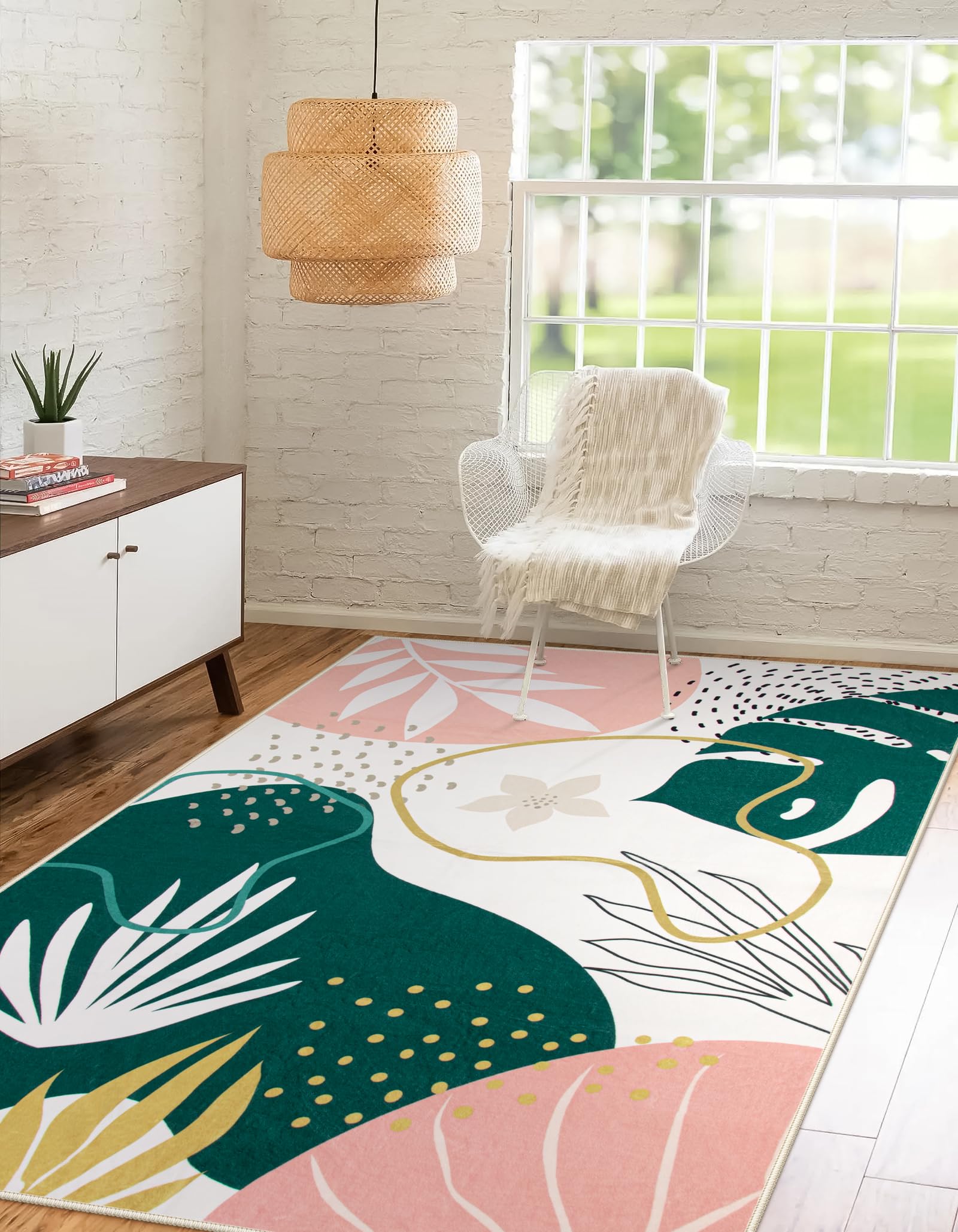 Lahome Area Rugs 4x6 Washable Soft Bedroom Rugs - Non-Slip Ultra-Thin Rugs for Entryway Stain Resistant Floor Rug, Boho Botanical Print Indoor Rug for