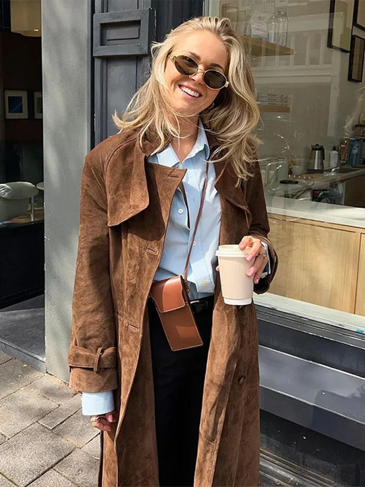 Vintage Suede Female Windbreak With Belt Long Sleeve Double Breasted Long Coat Autumn Fashion Split Lace Up Women Jacket 250820
