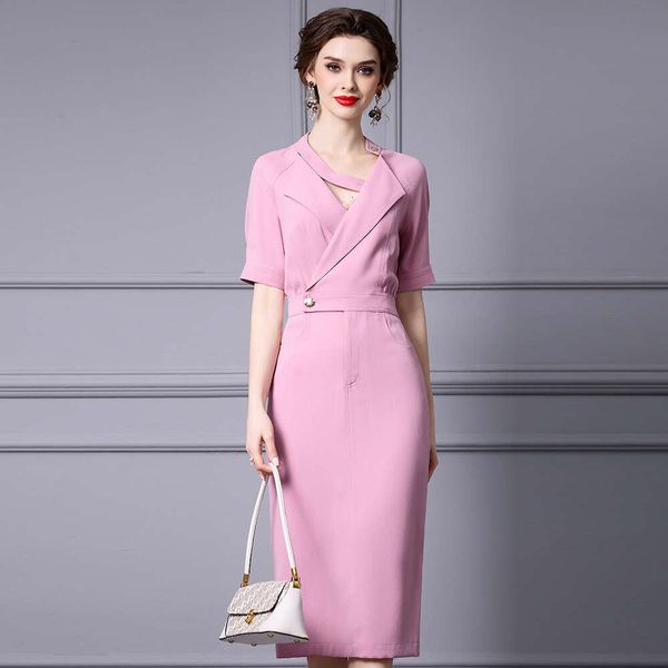 Pink Triacetate Dress with Exquisite Design Suit Collar High Waist Hip Hugging Skirt Summer 2024 New Item Waist Self-cultivation Oversize Dr