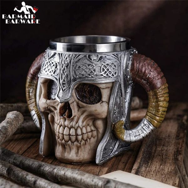 600ml Viking Skull Cup Stainless Steel Coffee Travel Horn Beverage Tea Halloween Decorative Ceramic Tiki 240923