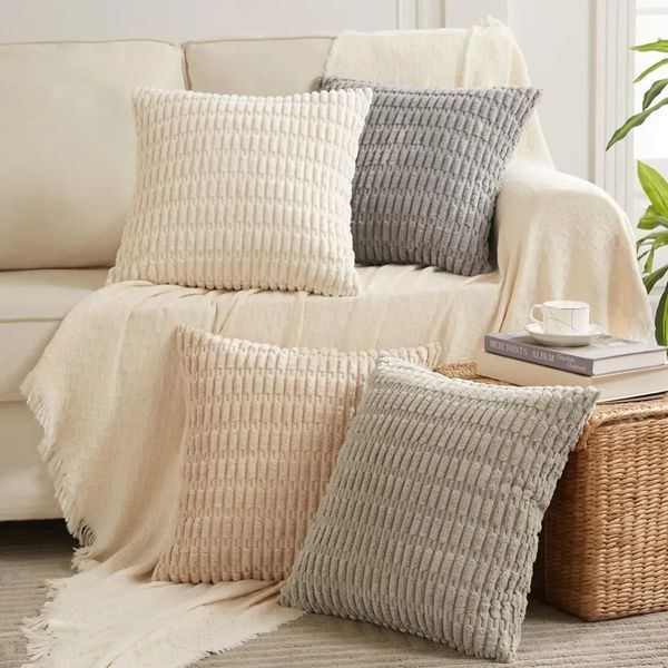 2Pc Throw Pillow Covers 45CM Soft Cushion Cover for Living Room Couch Bed Sofa Nordic Plush Striped Corduroy Square Case 241213