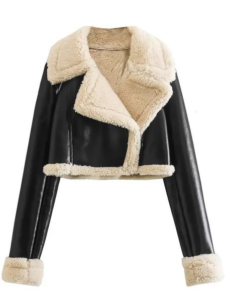 Women&#039;s Jackets TRAF Winter Women Warm Outerwear Vintage Fur Faux Leather Zipper Trims Patchwork Cropped Jacket Female Chic Thick Coats