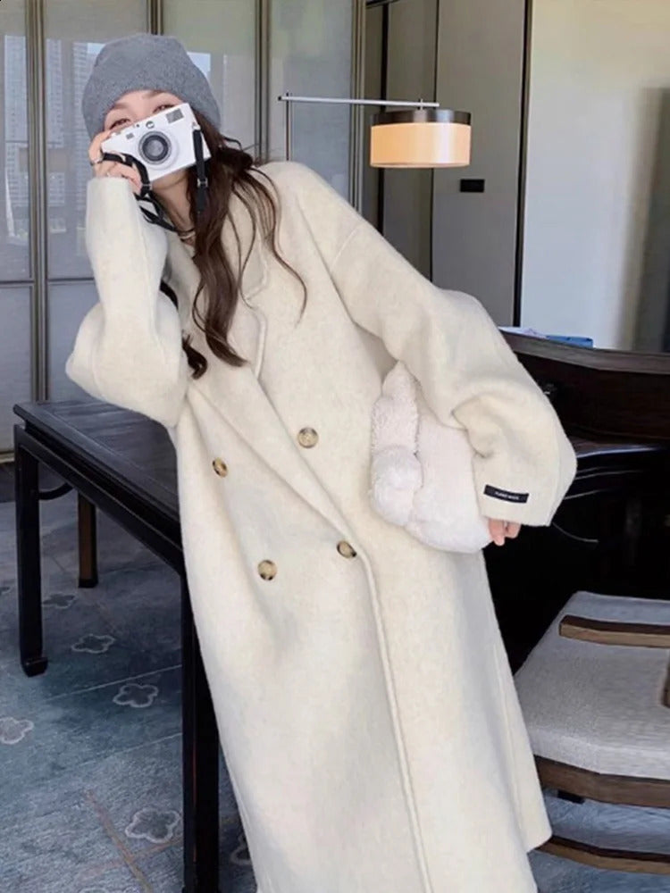 Fashion Elegant Woolen Long Coat Women Turn Down Collar Long Sleeve Female Jacket 2024 Autumn Winter Fashion Lady Streetwear 240919