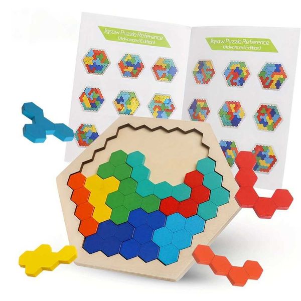 Childrens wooden hexagonal puzzle shape pattern block heptagonal brain teasing toy STEM Montessori educational gift Y241210