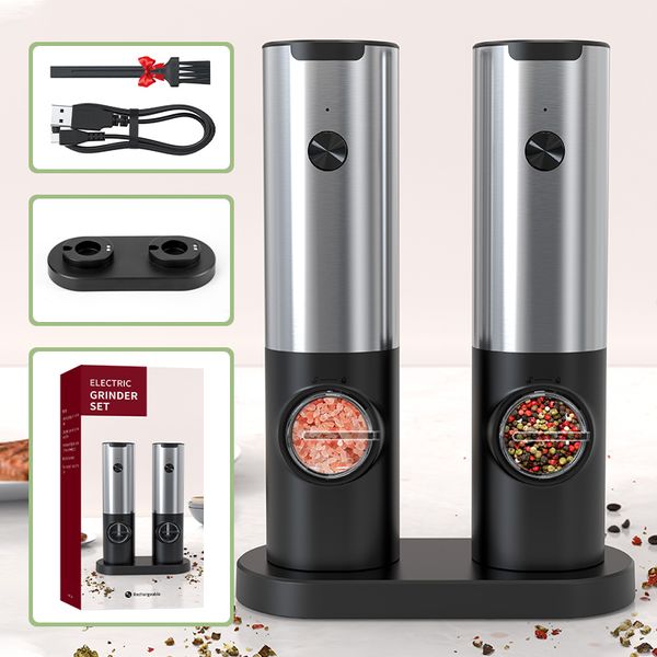 Mills Rechargeable Electric Salt And Pepper Grinder Set USB Charging Base Stainless Steel Automatic Spice Grinder With LED Pepper Mill 23071