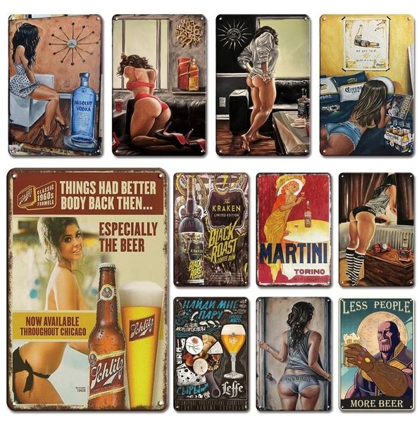 Vintage Beer Brand Poster Metal Painting Wall Decorative Metal Plates Retro Kitchen Tiki Bar Tin Sign Decoration Plaque Chic Pin Up Girl 30X