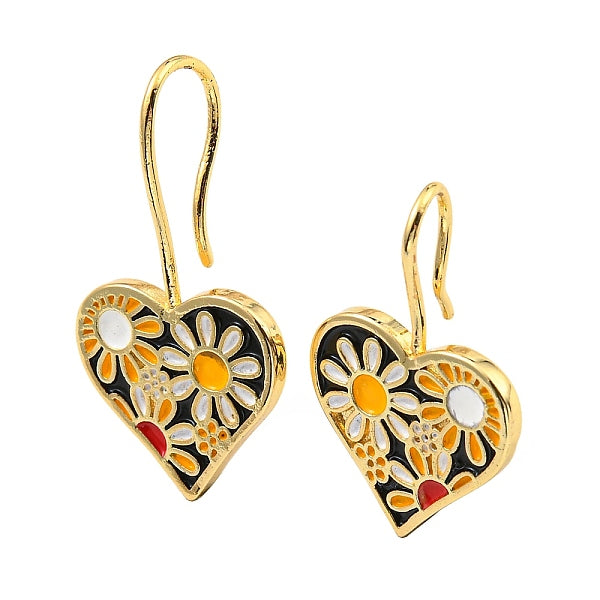 Boucles d'oreilles pendantes en forme de cœur en laiton avec fleur et émail