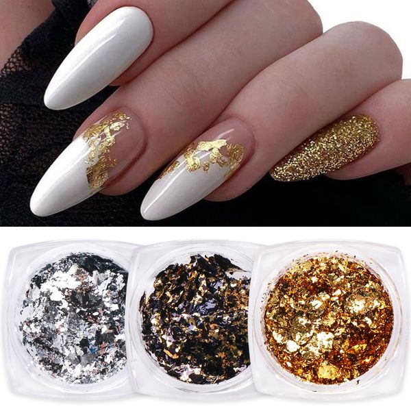Nail Glitter 1 Box Gold Glitter Flakes Irregular Aluminum Foil Sequins For Nails Chrome Powder Winter Manicure Nail Art Decorations LY18581