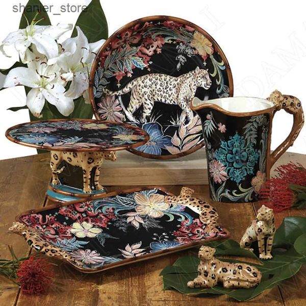 Dishes Plates Creative Ceramic Board Paint Jungle Leopard Fruit Salad Plate Living Room Double Ear Fruit Plate European Kitchen Dining Table