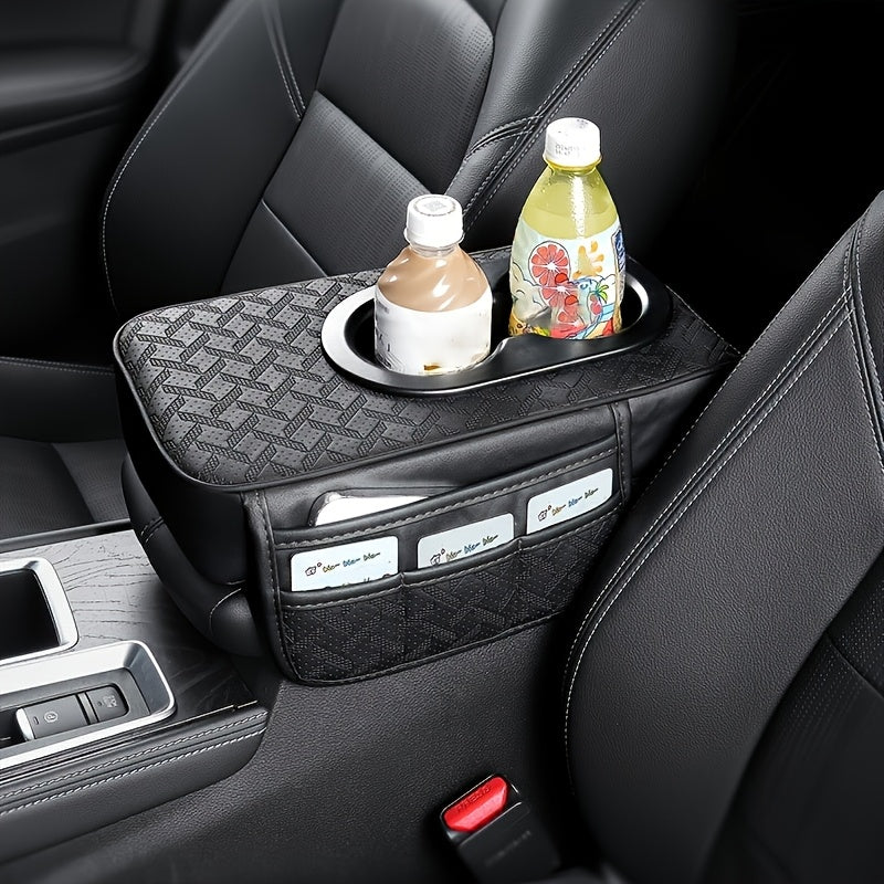 TEMU Universal Car Armrest Box Cover, Pu Console Mat With 2 Side Pockets +2 Cup Holders Storage For Phone-water Bottle-cards Compatible With Most