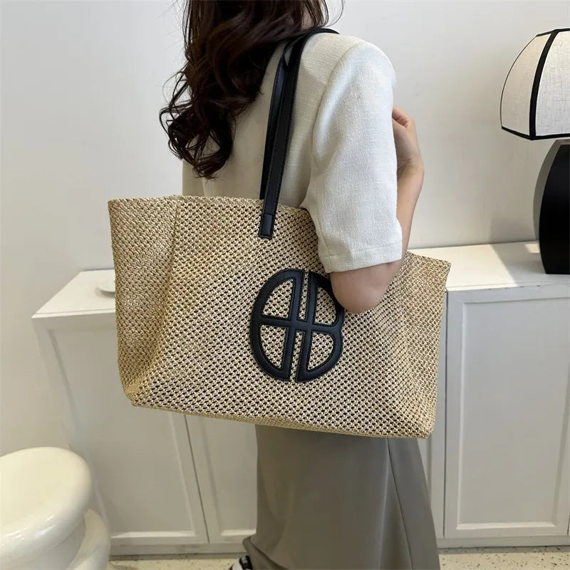 Straw Hollow Out Knitting Tote Bag Large Capacity TLXT Handmade Shoulder Bag Handbag Women Designer Casual Beach Bag Ethnic Style Designer Woven Bag