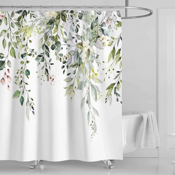 Watercolor Leaves on The Top Plant with Floral Bathroom Decoration Shower Curtain 180*180CM with Hooks Multiple sizes available M240824