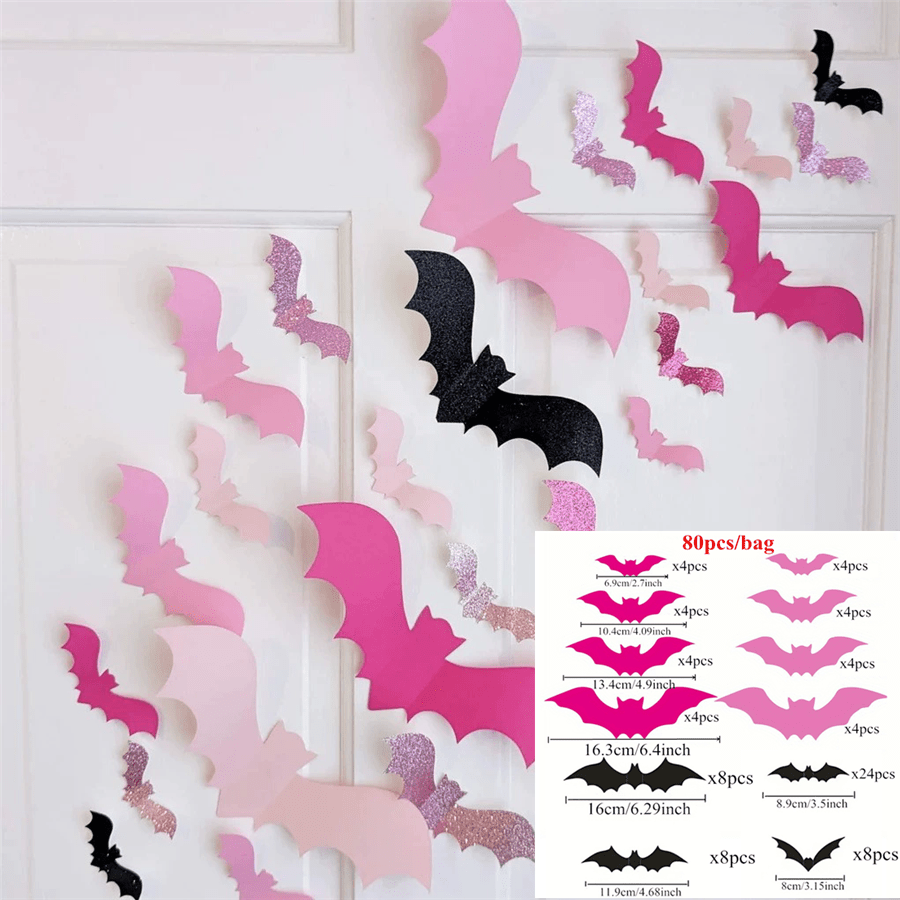 TEMU 80pcs Halloween Bat Wall Stickers - Pvc Decals, No Electricity Needed, Easy For Home, Bedroom, Bathroom, Window Glass Decor - Halloween Party