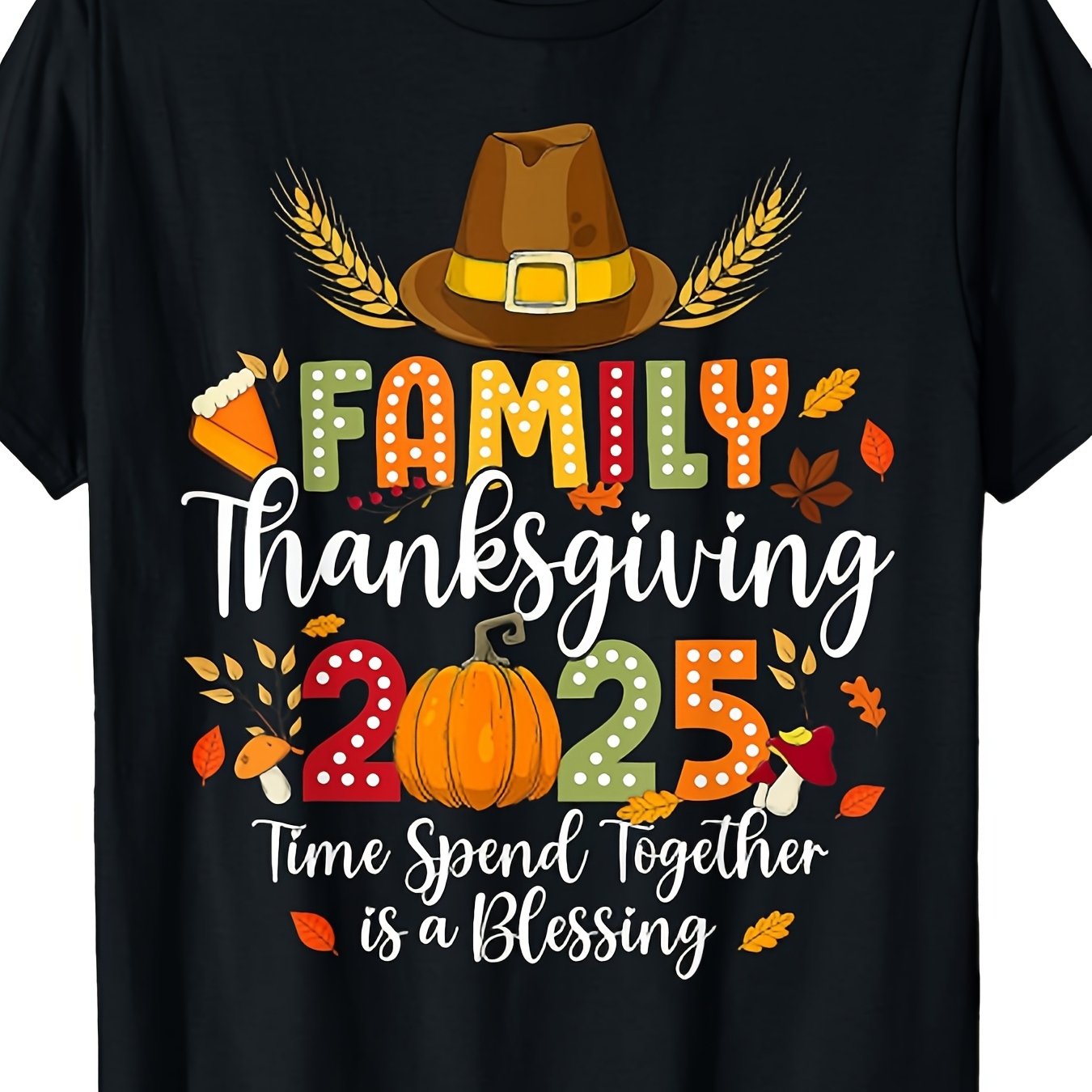 TEMU Family Thanksgiving 2025 T-shirt - "time Is A " - Black Shirt With Pumpkin, Leaf & Farmhouse Graphic - Matching Family Thanksgiving Outfits -