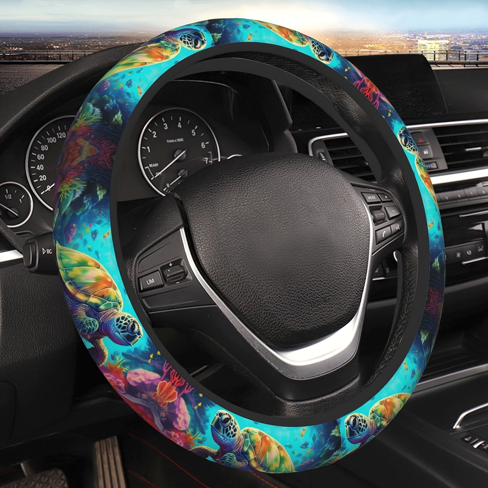 TEMU Turtle Print Steering Wheel Cover, Universal -inch, Polyester, Elastic, Non-slip Grip, Marine Coral Design