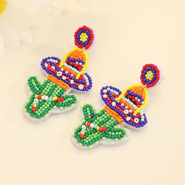 Boucles d'oreilles pendantes faites à la main avec perles de verre à motif de cactus pour femmes