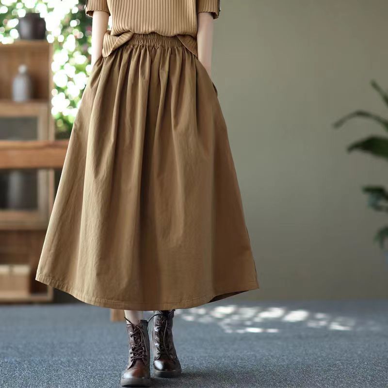 142 cotton spring and summer skirt 2024 new slim skirt female elastic waist A-line solid color large size large swing skirt umbrella skirt