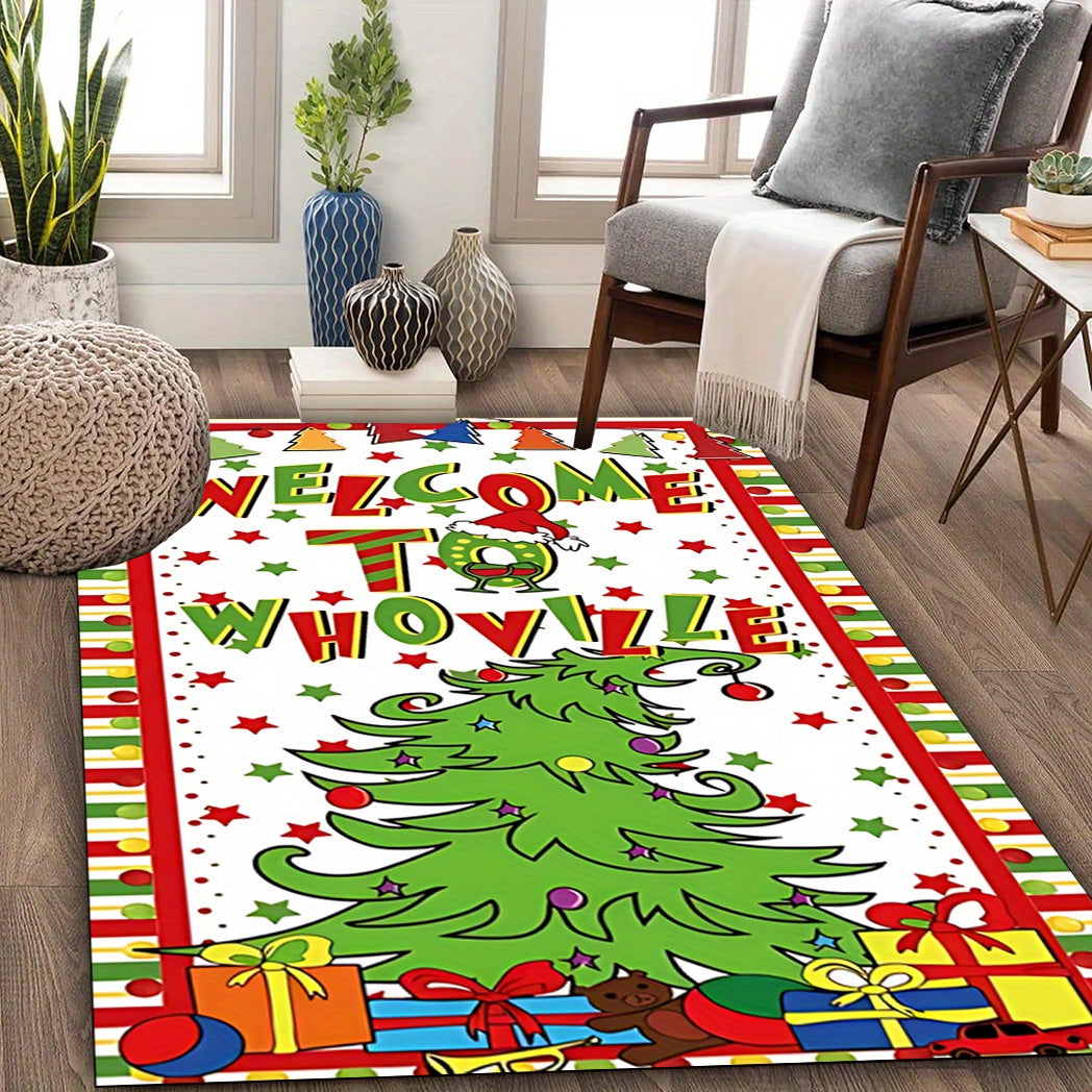 TEMU 1pc Whoville Christmas Mat - Inspired Thanksgiving & Christmas Decor - Large Area Floor Mat With Welcome To Whoville Sign - Soft Red, Green,