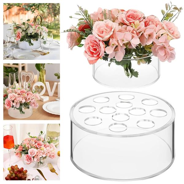 Clear Acrylic Flower Vase Circular Low Vase Leak-Proof Round Decorative Vase Multifunction 12 Holes for Home Wedding Decor 241216