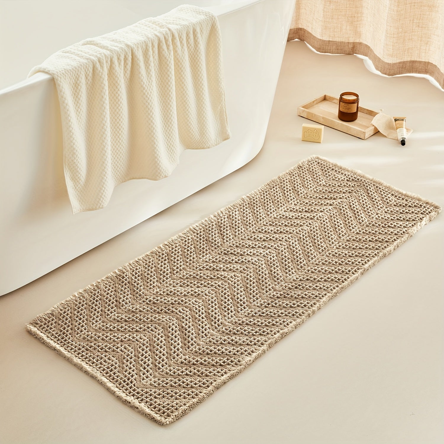 TEMU Herringbone Waffle Bath Mat - Super Absorbent Non-slip Bathroom Floor Mat, Ultra Soft & Machine Washable Rubber Backed Rug | Quick Dry Design