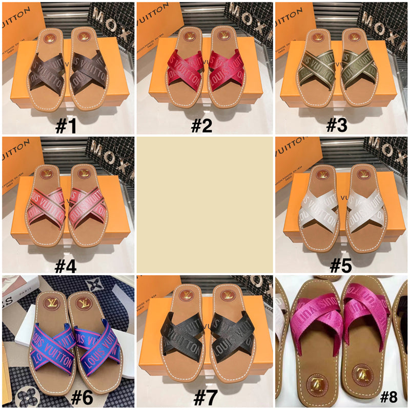 Dupe L V Summer Canvas Flat Slides for Women Size EUR35-42 Beach Slippers Sandals Multi Candy Colors