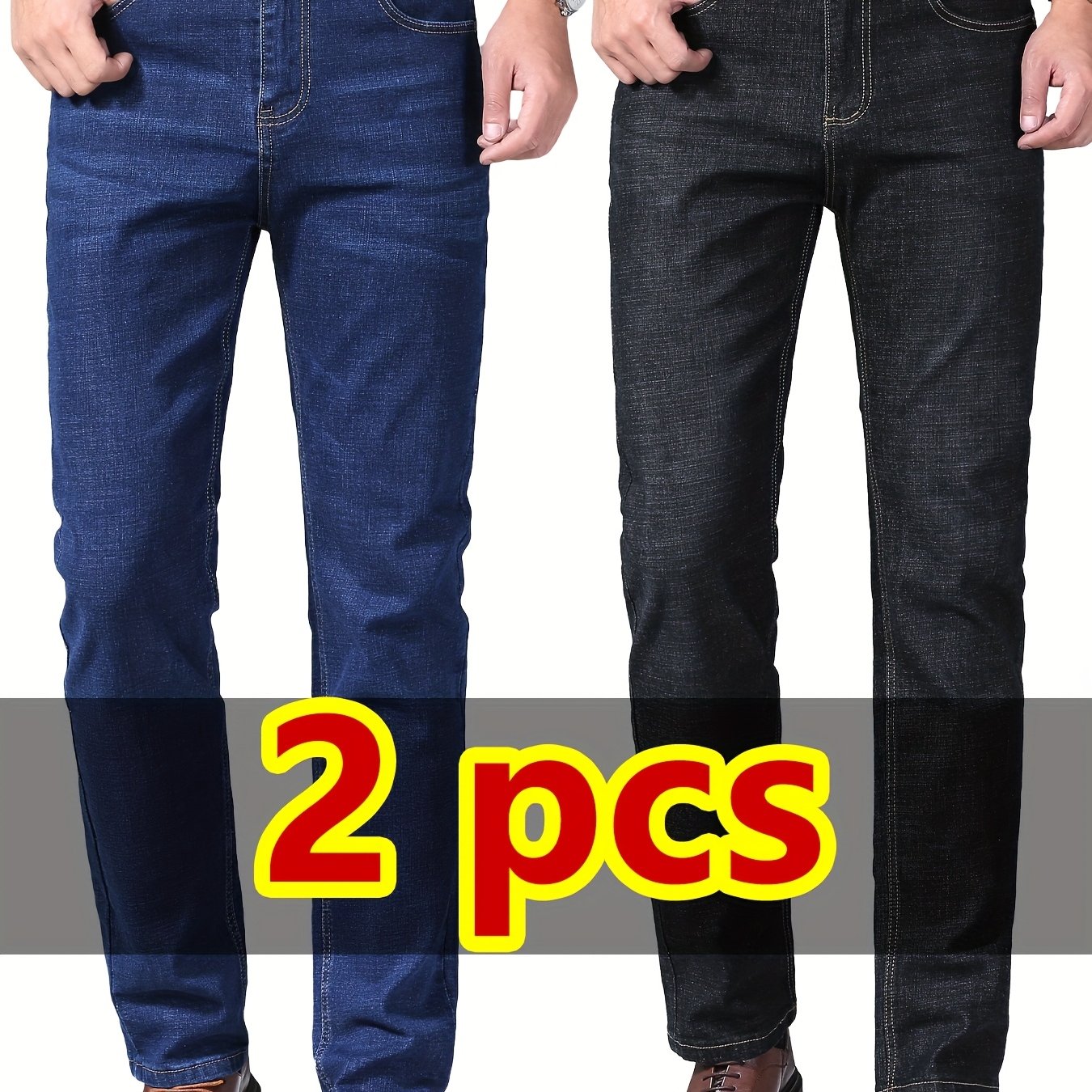 TEMU 2pcs Men's Business Casual Jeans - Lightweight Slight Stretch Denim Pants, -, Office & Casual Attire - Formal To Casual Outfits, Durable Fabric