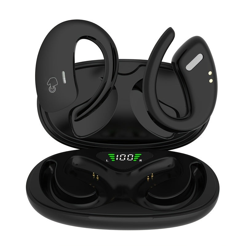 TEMU Open Ear Earphones, Wireless Headset With Built-in Microphone And Ear Hook, 240h Long Standby, Earbuds With Led Display Charging Case, Suitable