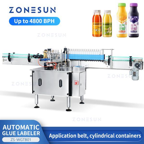ZONESUN Automatic Wet Glue Labeling Machine Industrial Equipment Wrap Around Label Pasting Beer Wine Vinegar Round Bottles Jar Tin Can ZS-WG