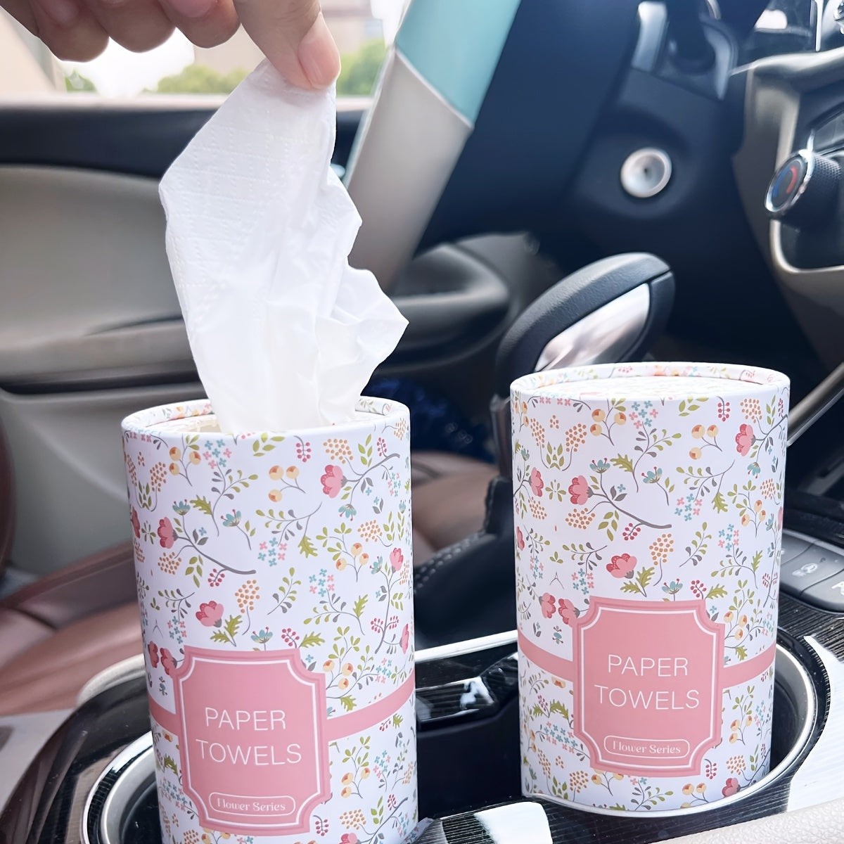 TEMU 2pcs Pink Floral Car Tissue Box Holders With 50 Facial Tissues - Stylish Round Cup Holder Design For Cars & Home