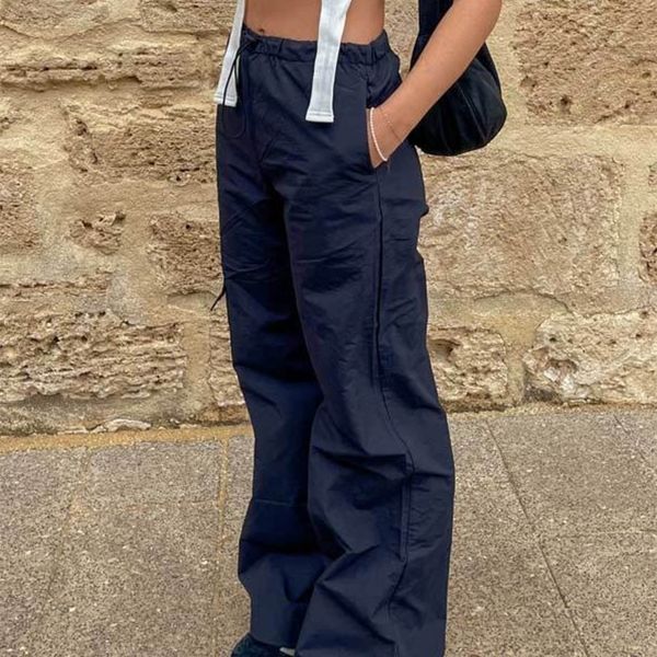 Womens Y2K Loose Drawstring Cargo Pants for Hiking and Running - Casual Low Waist Wide Leg Activewear with Multiple Pockets 240813