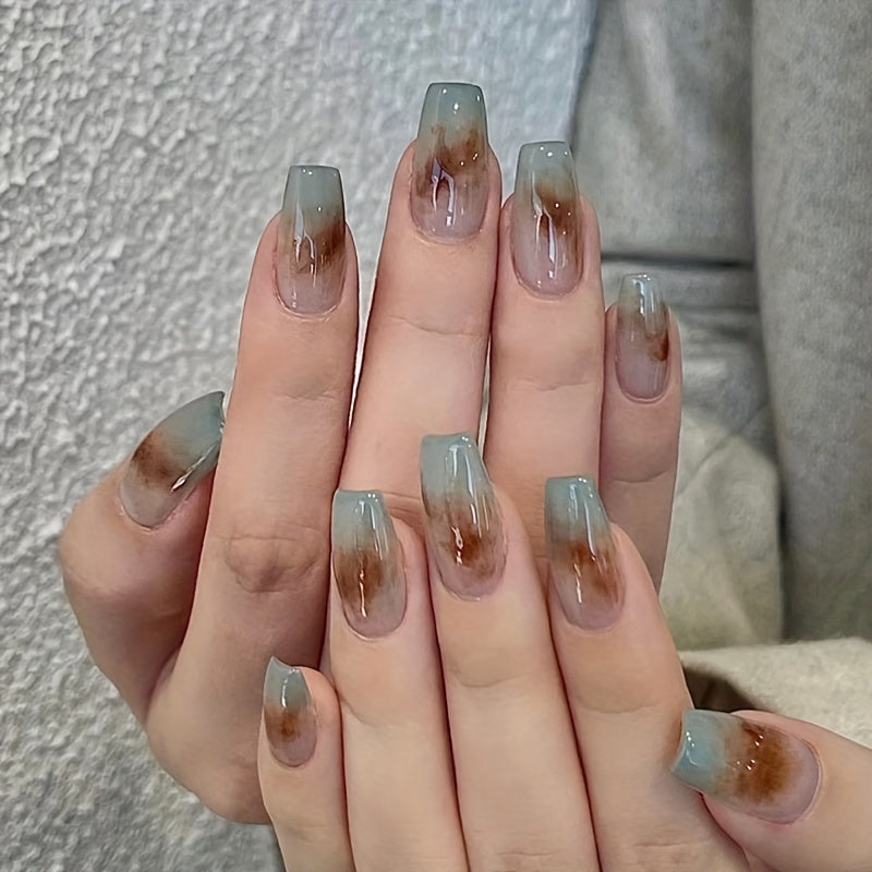 TEMU Mint Latte Ombre Press-on Nails, , Medium Length With Glossy Aura Gradient Finish - Set Of 24 Pieces