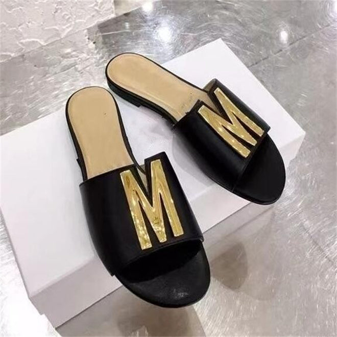 Designer Sandals Luxury Summer Women Flip Flops Slipper Fashion Genuine Leather Slides Metal Letter Ladies Casual Shoes Womens Fashion Shoe
