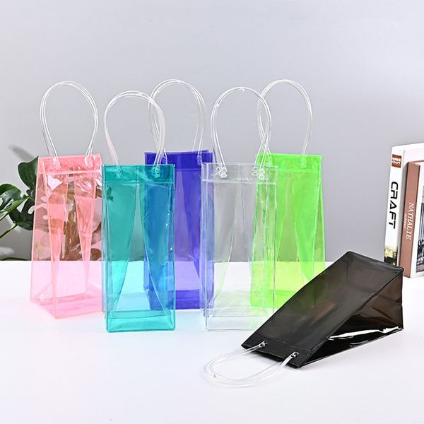 Ice Wine Bag with Handle Collapsible Clear PVC Pouch Wine Cooler Bag Wine Chiller Sleeves for Champagne Beer Beverages LX6245