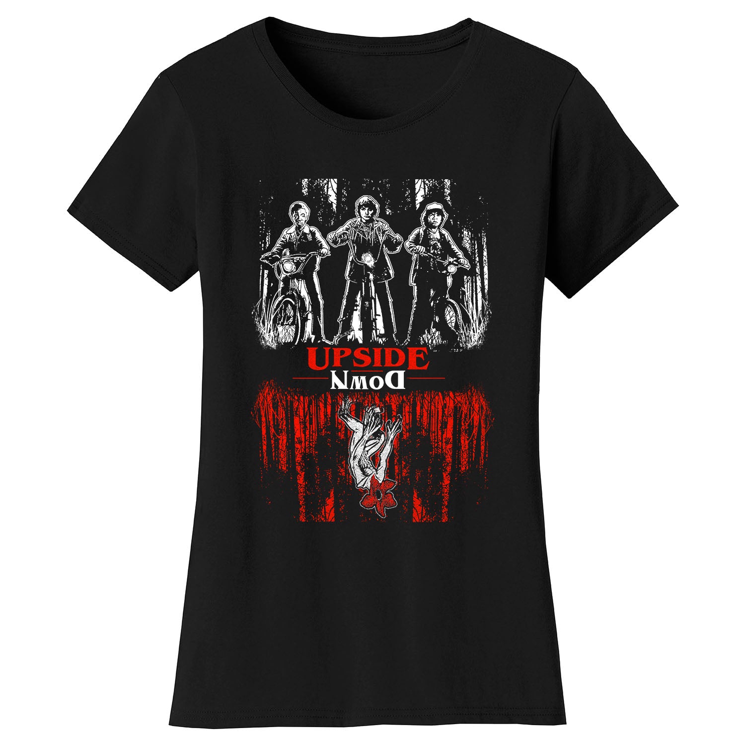 Women's Best of Stranger Things T-shirts - Upside Down Three Guys on the Bikes - Black - 2XL