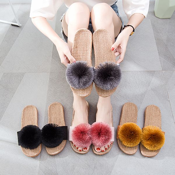 Cute Fluffy Ball Linen Slippers Home Four Seasons General Indoor Non-Slip Soft Bottom Sandals