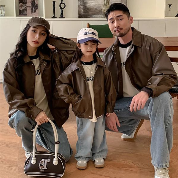 Family Clothing AutumnWinter Fashion Korean Mother Father Child Match Pu Leather Jacket Mother Father Son Daughter Set 241204