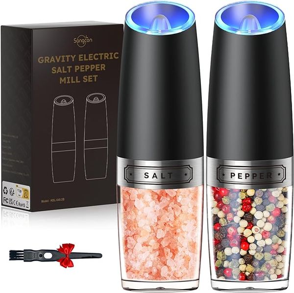 Gravity electric pepper and salt grinding machine set, adjustable coarseness, battery powered LED light, single hand automatic operation, st
