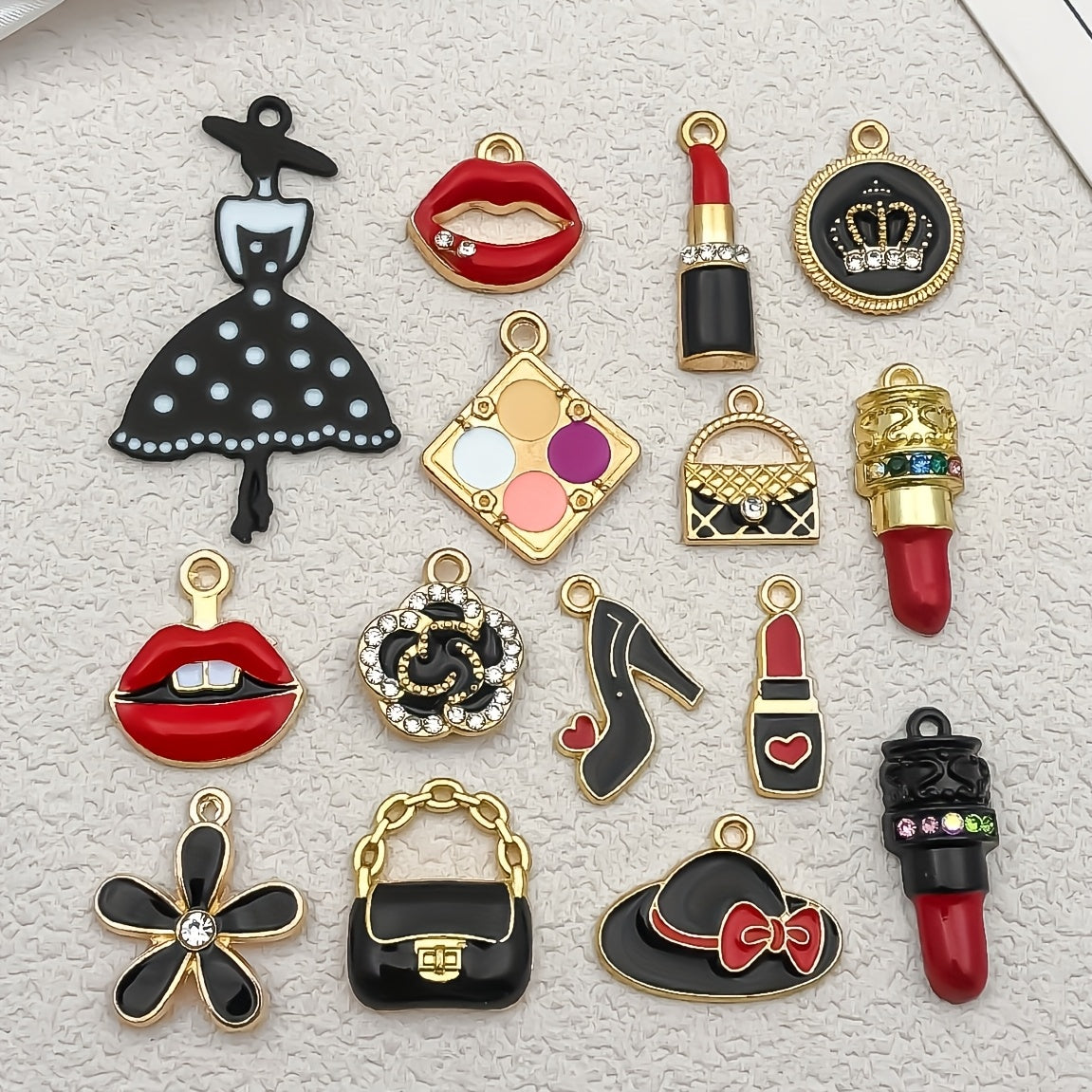 TEMU 15pcs Sailanzi Mini Golden Plated Enamel Charms - Makeup Inspired Alloy Pendants For Diy Necklace, Bracelet, Earring Jewelry - Lipstick Design,
