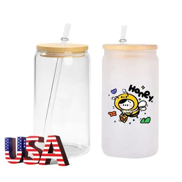 Mugs Us Stock 16 Oz Sublimation Glass Beer With Bamboo Lid St Tumblers Diy Blanks Frosted Clear Can Cups Heat Transfer Cocktail Iced C Dhfze
