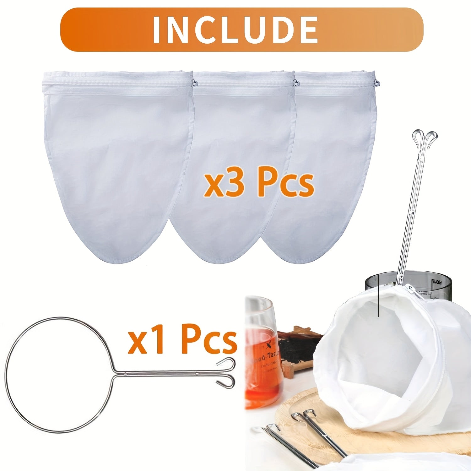 TEMU 2-4pcs Ultra Fine Mesh Strainer Bags With Zipper Closure & Stainless Steel Handles - Durable Fabric Kitchen Strainers For Coffee, Nut Milk,